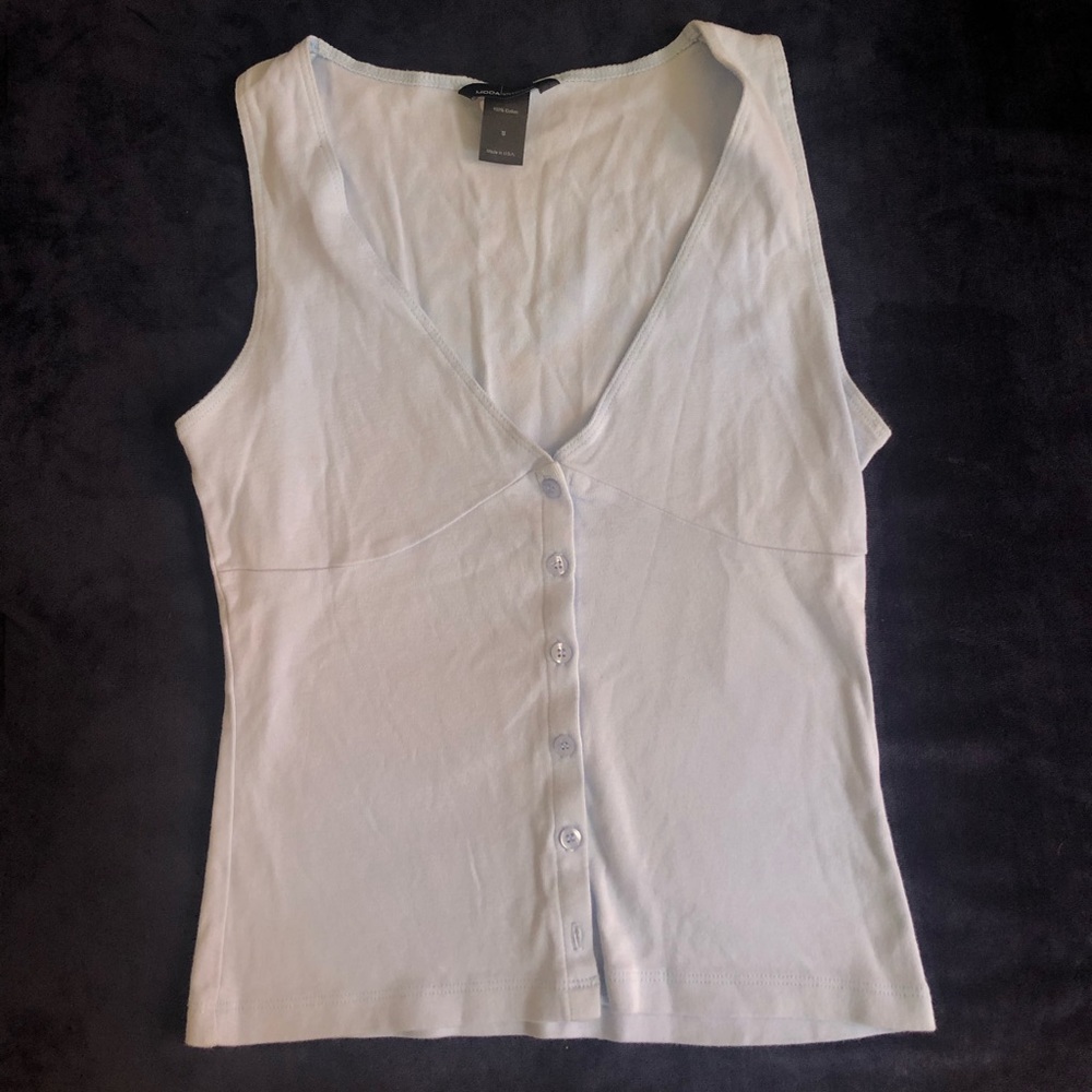 Moda international baby blue sleeveless cotton top with buttons